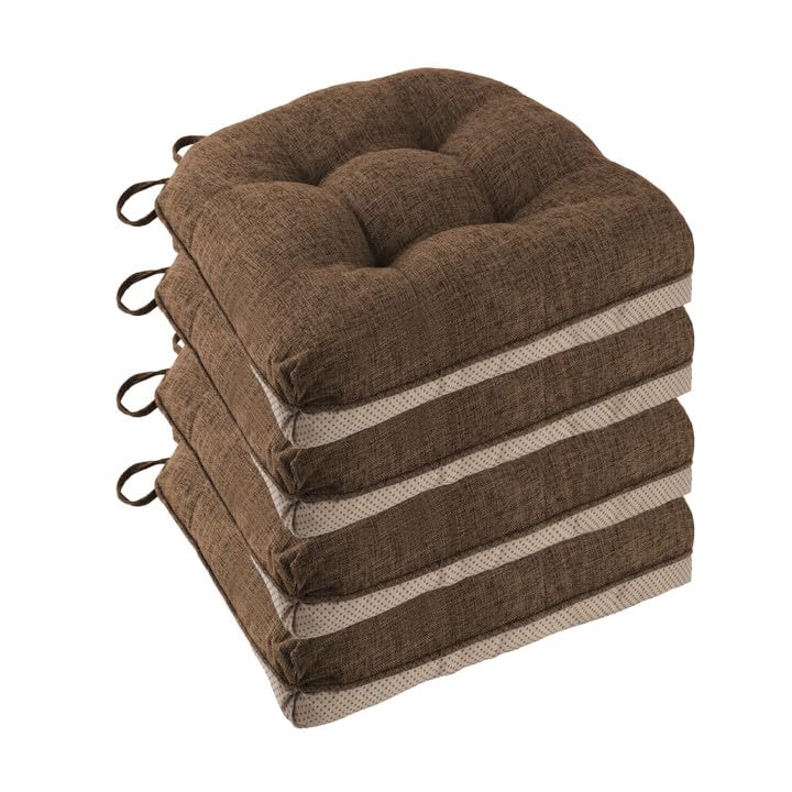 Non Slip Chair Cushions for Dining Chairs Set of 4 Kitchen Chair Cushions 18"x18"x3" Turfted Chair Pads Comfortable and Soft Seat Cushion with Ties, Coffee