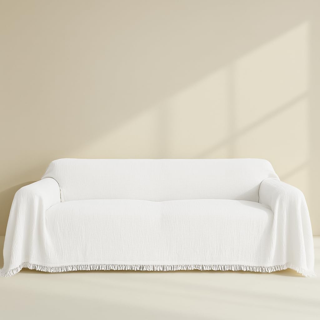 Washable Sofa Cover%100 Pure Cotton, Cream Couch Covers for Loveseat, Futon, Sofa, Sectional L Shape, U Shape, 4 Layered Natural Muslin Cloud Like Boho Couch Cover (Cream, 70x98/177x250cm)
