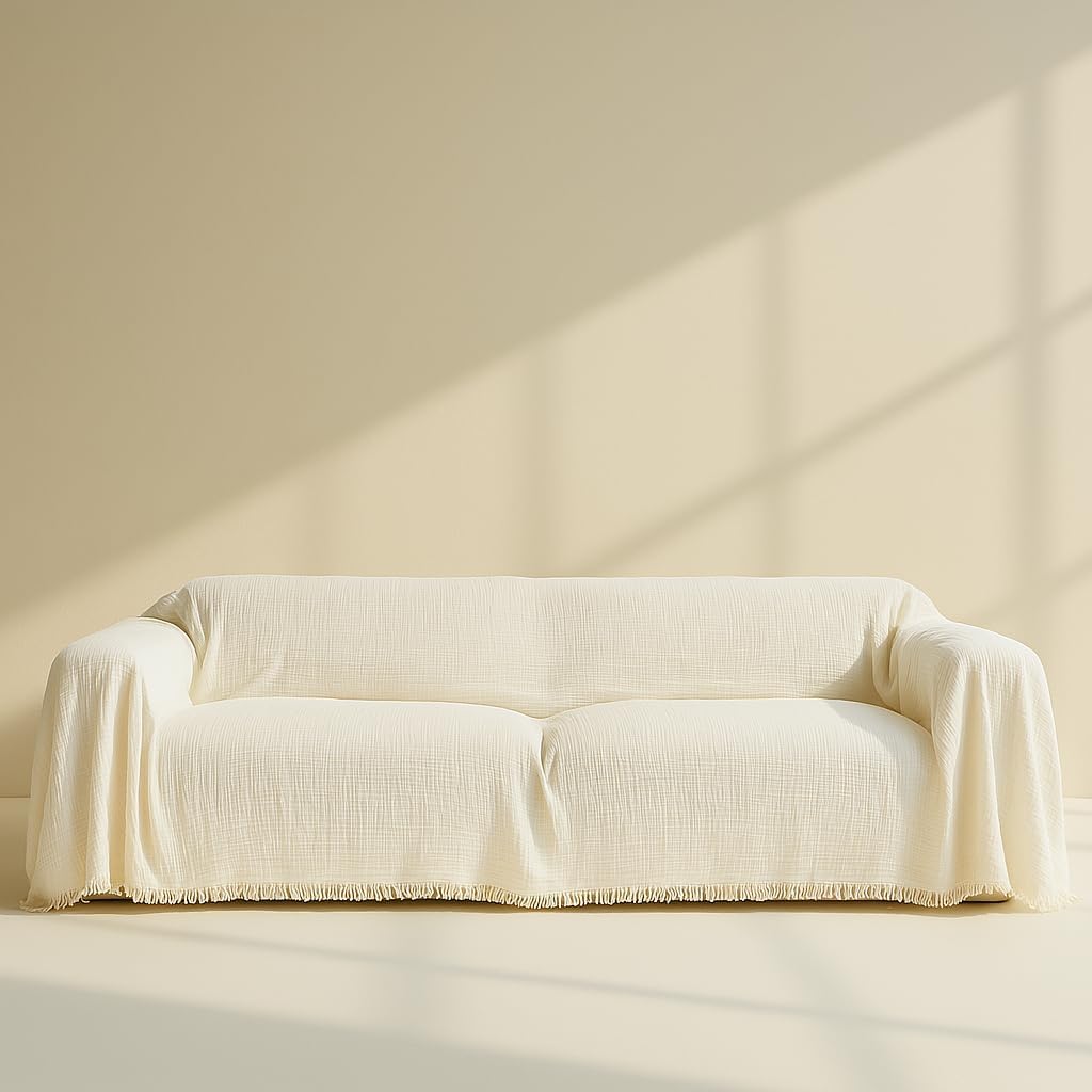 Washable Sofa Cover%100 Pure Cotton, Cream Couch Covers for Loveseat, Futon, Sofa, Sectional L Shape, U Shape, 4 Layered Natural Muslin Cloud Like Boho Couch Cover (Cream, 70x98/177x250cm)