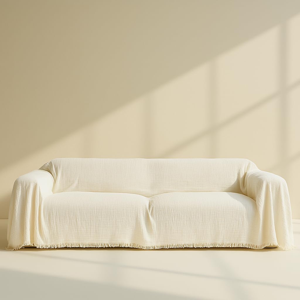 Washable Sofa Cover%100 Pure Cotton, Cream Couch Covers for Loveseat, Futon, Sofa, Sectional L Shape, U Shape, 4 Layered Natural Muslin Cloud Like Boho Couch Cover (Cream, 70x98/177x250cm)