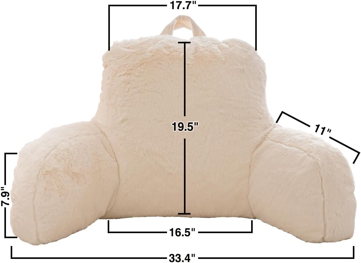 Holawakaka Large Faux Fur Bed Rest Pillow with Arms, Rabbit Fur Reading Pillows Perfect for Adults Men Women, Arm, Back, Pregnancy Lumbar & Head Neck Coccyx Lower Back Support Cushion (Ivory)