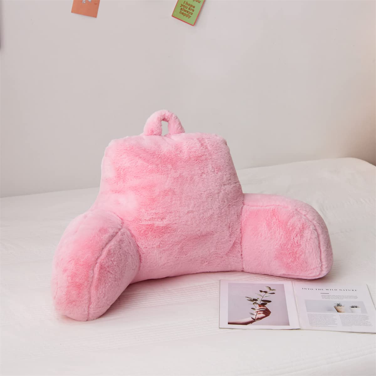 Holawakaka Large Faux Fur Bed Rest Pillow with Arms, Rabbit Fur Reading Pillows Perfect for Adults Men Women, Arm, Back, Pregnancy Lumbar & Head Neck Coccyx Lower Back Support Cushion (Ivory)