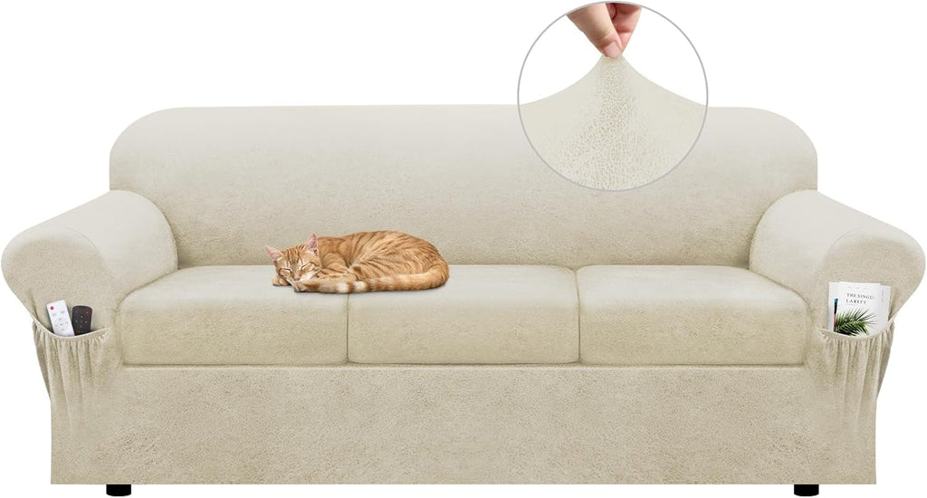 Sofa Slipcover with Armrest Pockets 4-Piece Set, Stretch Faux Leather Couch Cover for 3-Cushion Couches(Fits 72-92") - Non-Slip, Machine Washable, Pet & Kid Friendly - Beige