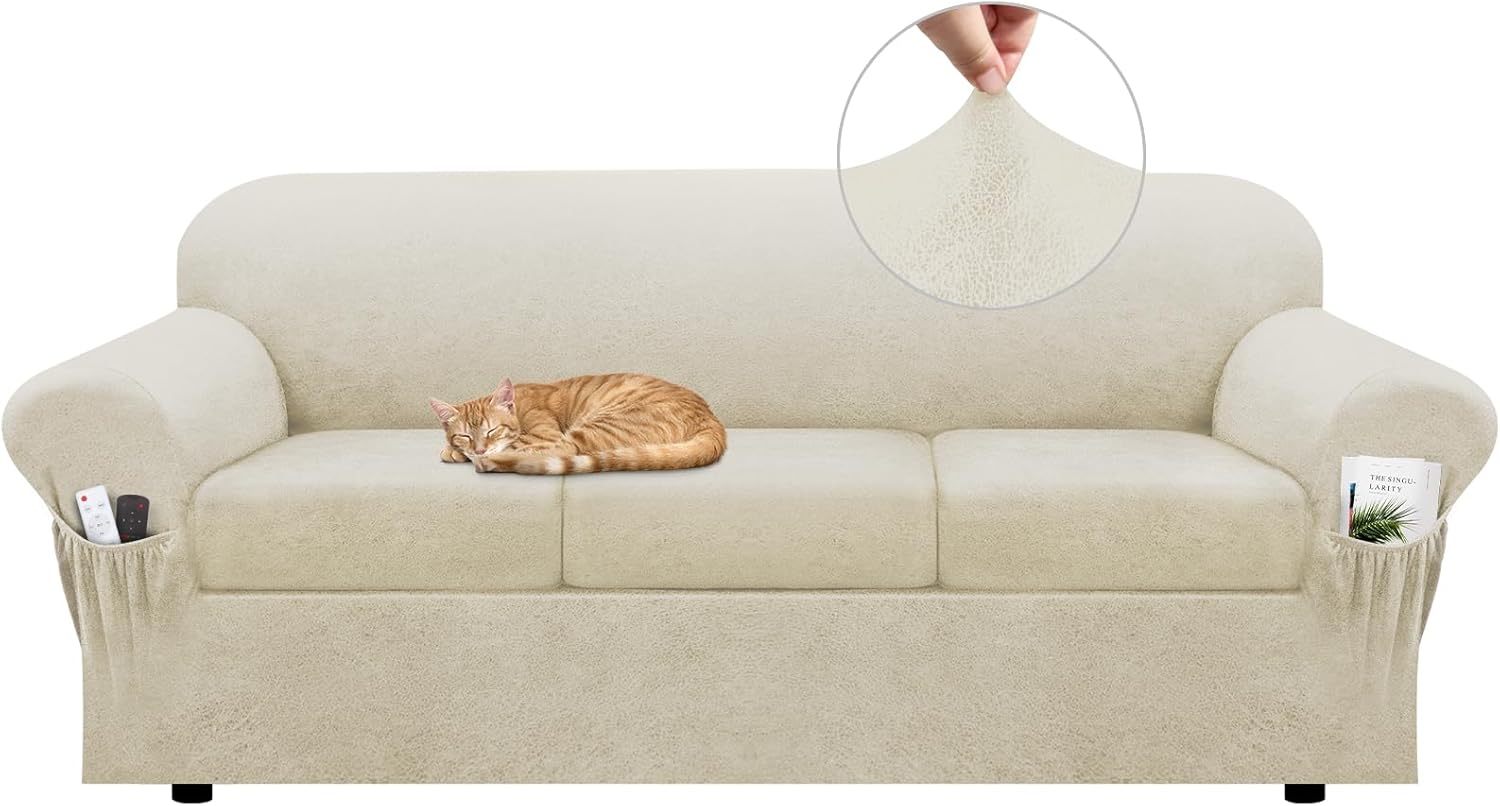 Sofa Slipcover with Armrest Pockets 4-Piece Set, Stretch Faux Leather Couch Cover for 3-Cushion Couches(Fits 72-92") - Non-Slip, Machine Washable, Pet & Kid Friendly - Beige