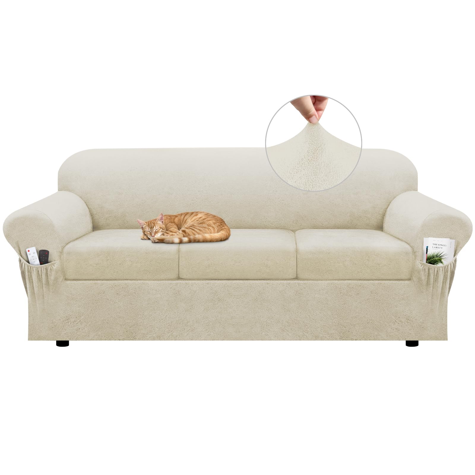 Sofa Slipcover with Armrest Pockets 4-Piece Set, Stretch Faux Leather Couch Cover for 3-Cushion Couches(Fits 72-92") - Non-Slip, Machine Washable, Pet & Kid Friendly - Beige