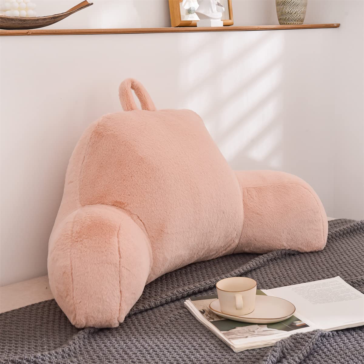 Holawakaka Large Faux Fur Bed Rest Pillow with Arms, Rabbit Fur Reading Pillows Perfect for Adults Men Women, Arm, Back, Pregnancy Lumbar & Head Neck Coccyx Lower Back Support Cushion (Ivory)