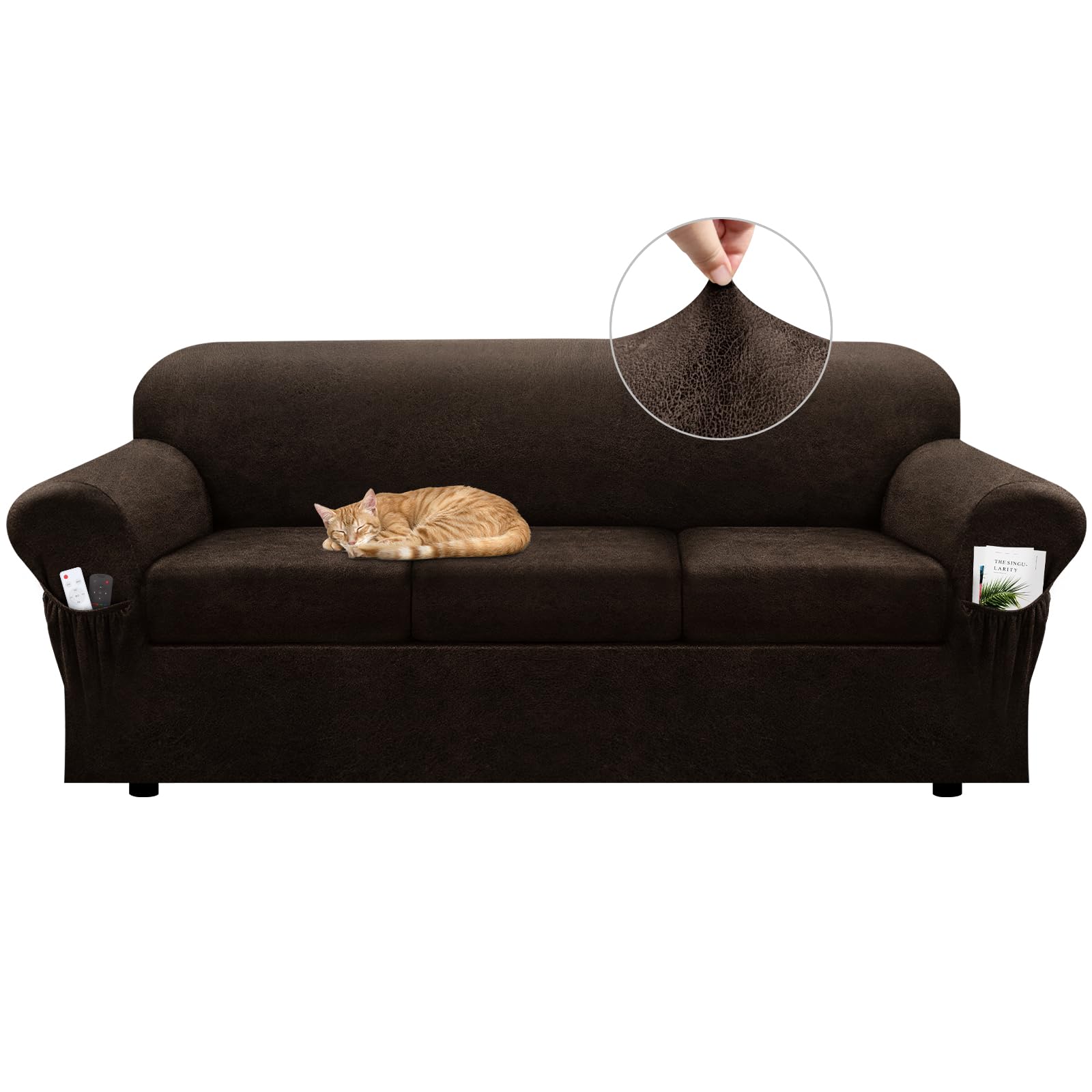 Sofa Slipcover with Armrest Pockets 4-Piece Set, Stretch Faux Leather Couch Cover for 3-Cushion Couches(Fits 72-92") - Non-Slip, Machine Washable, Pet & Kid Friendly - Beige