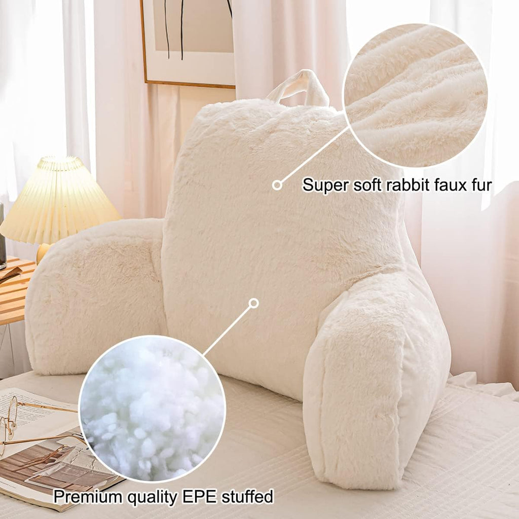 Holawakaka Large Faux Fur Bed Rest Pillow with Arms, Rabbit Fur Reading Pillows Perfect for Adults Men Women, Arm, Back, Pregnancy Lumbar & Head Neck Coccyx Lower Back Support Cushion (Ivory)