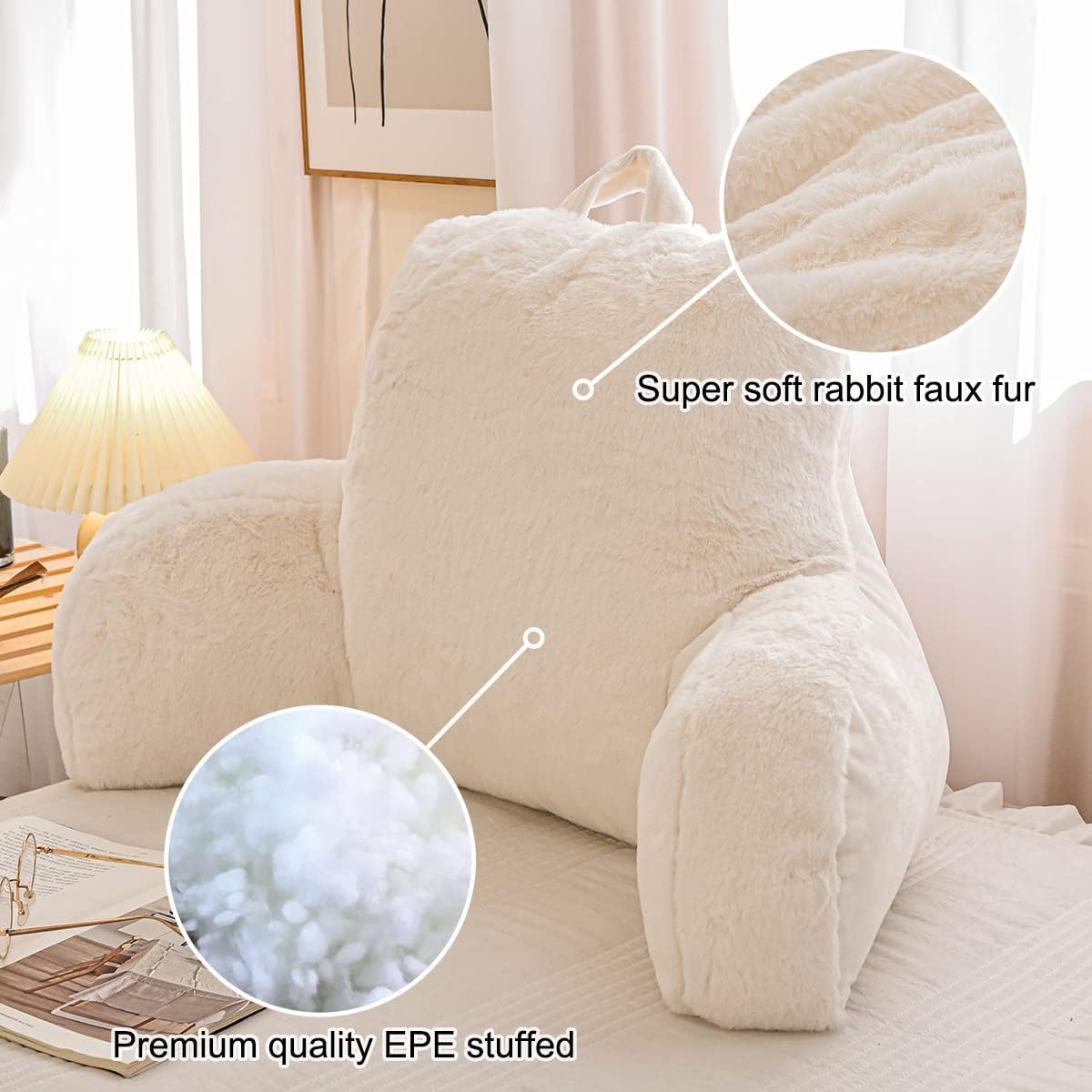 Holawakaka Large Faux Fur Bed Rest Pillow with Arms, Rabbit Fur Reading Pillows Perfect for Adults Men Women, Arm, Back, Pregnancy Lumbar & Head Neck Coccyx Lower Back Support Cushion (Ivory)