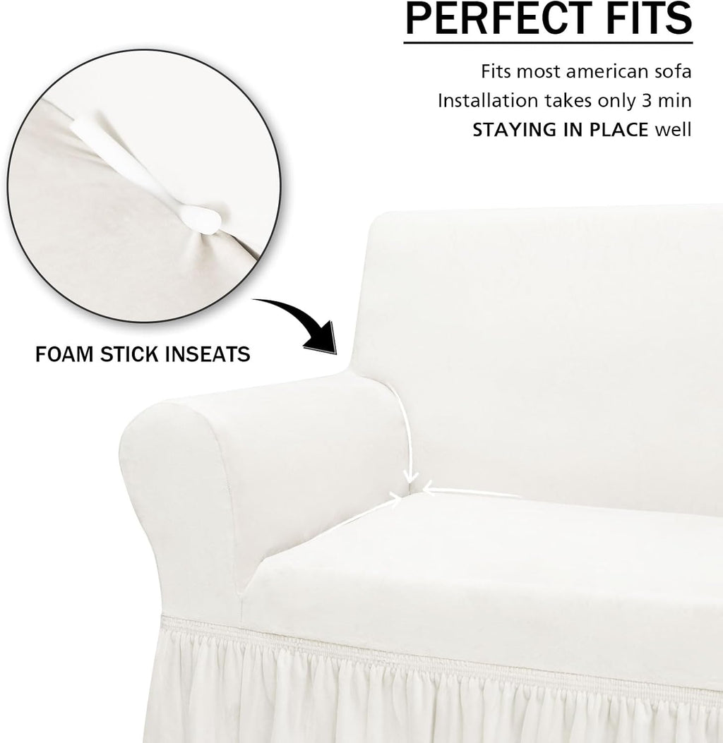 NICEEC Sofa Cover Super Soft 1-Piece White Sofa Slipcover for Sofas Stretch Universal Spandex Couch Covers for Living Room Easy Fit Washable Furniture Sofa Protector with Skirt