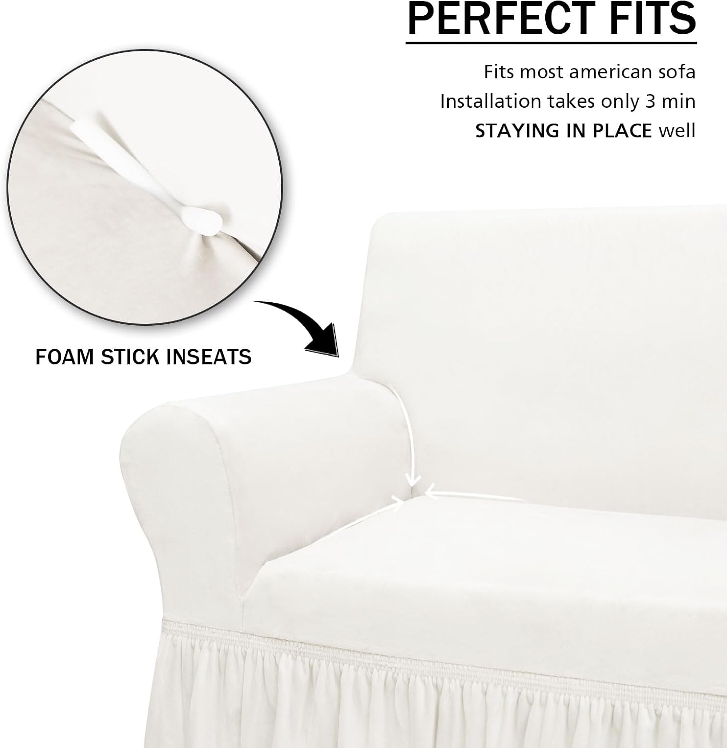 NICEEC Sofa Cover Super Soft 1-Piece White Sofa Slipcover for Sofas Stretch Universal Spandex Couch Covers for Living Room Easy Fit Washable Furniture Sofa Protector with Skirt