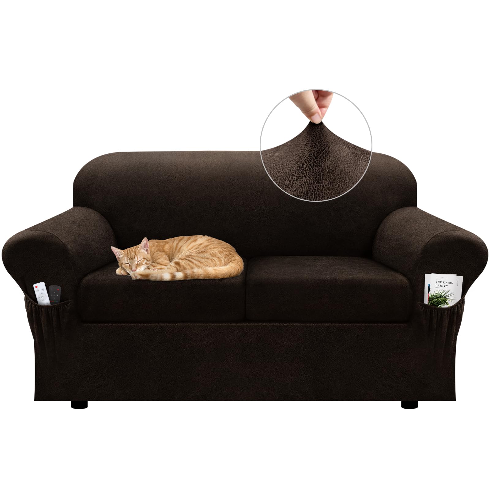 Sofa Slipcover with Armrest Pockets 4-Piece Set, Stretch Faux Leather Couch Cover for 3-Cushion Couches(Fits 72-92") - Non-Slip, Machine Washable, Pet & Kid Friendly - Beige