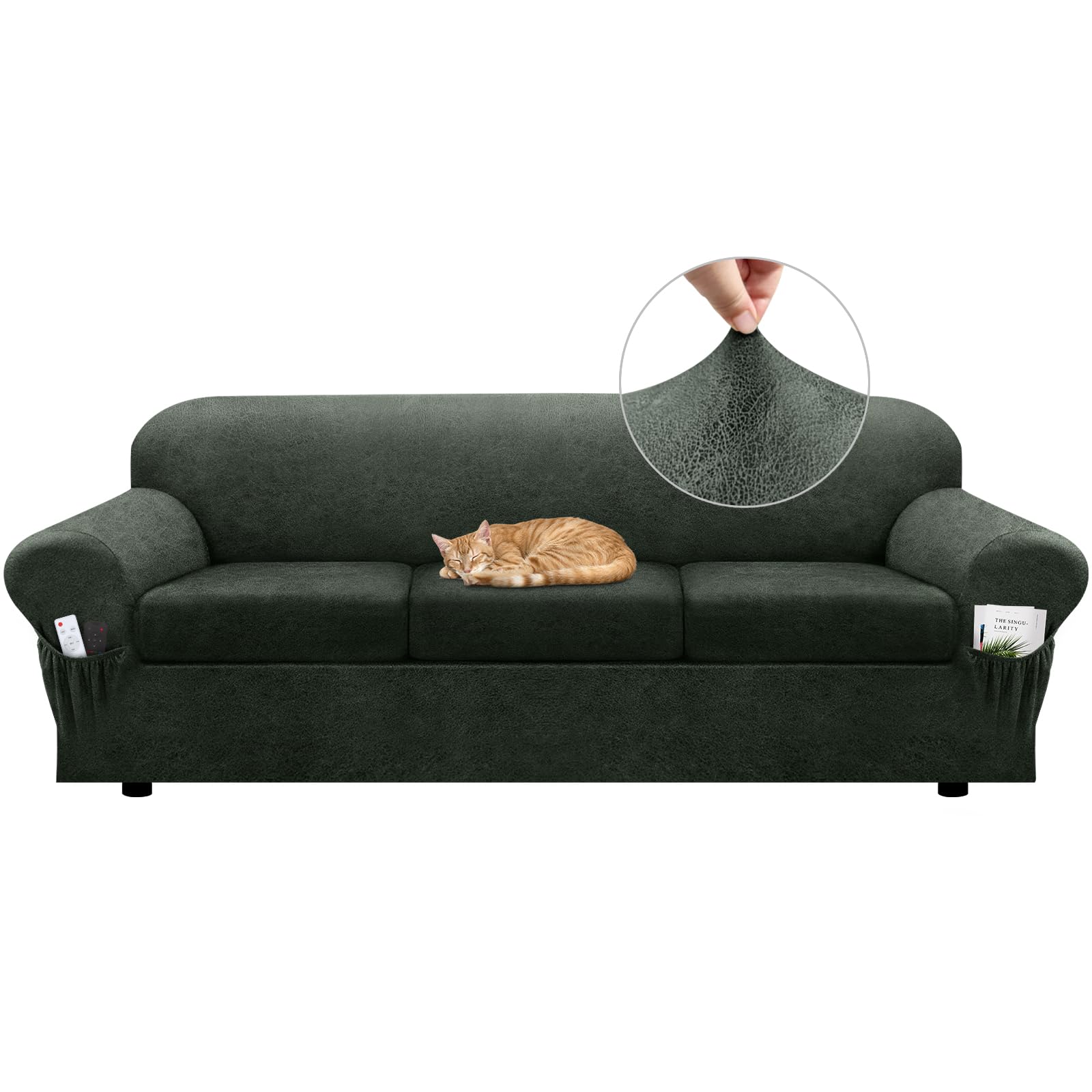 Sofa Slipcover with Armrest Pockets 4-Piece Set, Stretch Faux Leather Couch Cover for 3-Cushion Couches(Fits 72-92") - Non-Slip, Machine Washable, Pet & Kid Friendly - Beige
