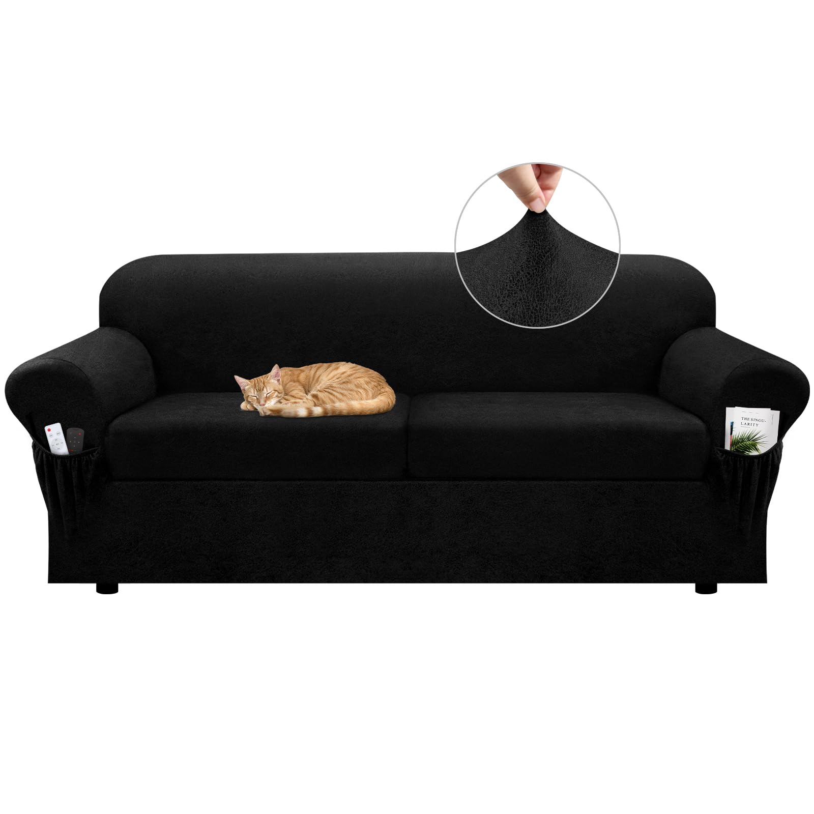 Sofa Slipcover with Armrest Pockets 4-Piece Set, Stretch Faux Leather Couch Cover for 3-Cushion Couches(Fits 72-92") - Non-Slip, Machine Washable, Pet & Kid Friendly - Beige