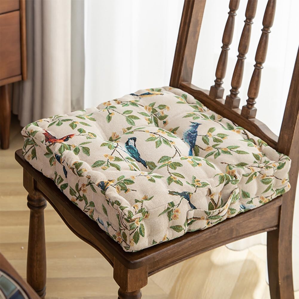 Chair Cushions Set of 2 Floral Bird Pattern Seat Cushions for Dining Chair Square Kitchen Chair Pads with Handle Indoor Floor Pillow (15.7 × 15.7 × 3.1 Inch, Beige)