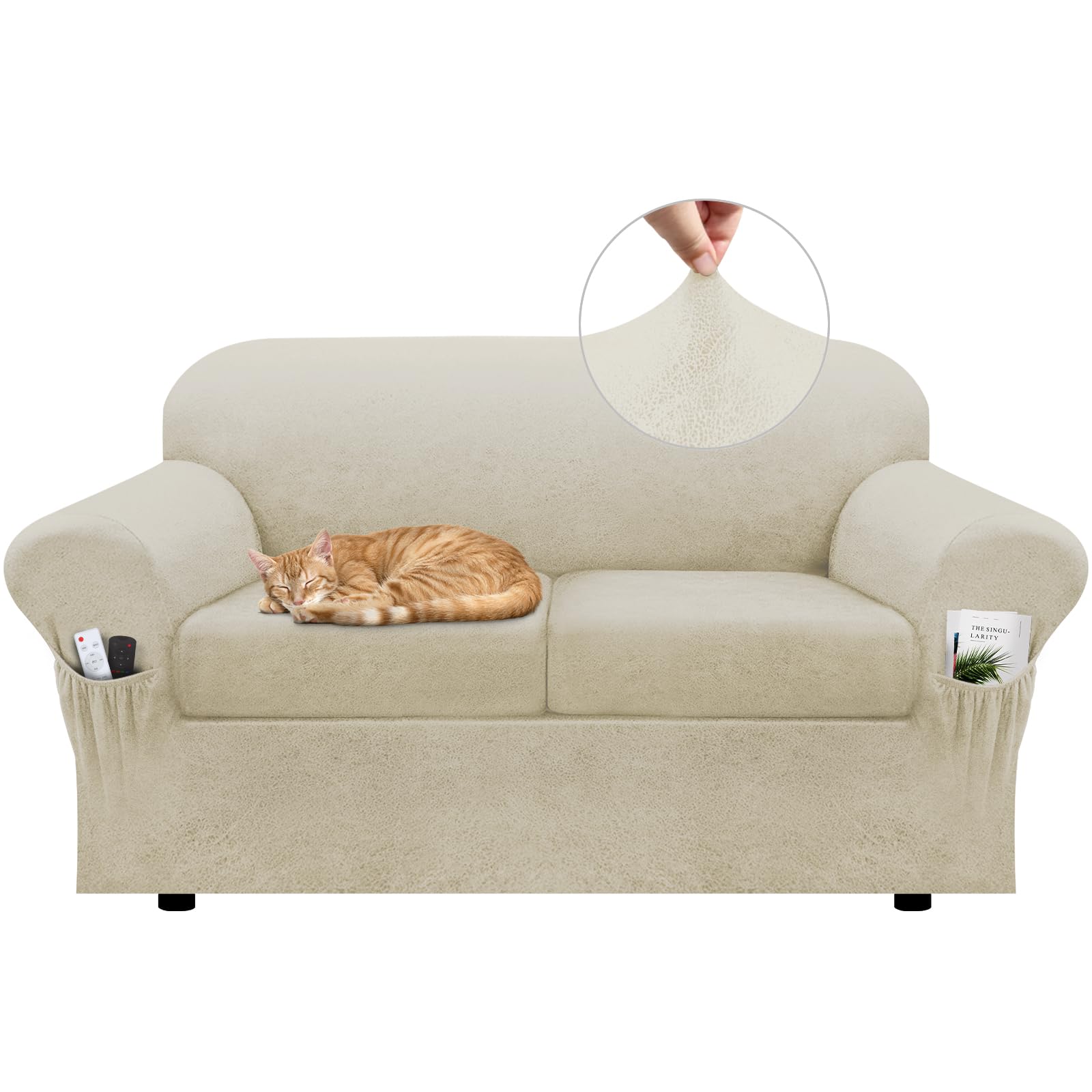 Sofa Slipcover with Armrest Pockets 4-Piece Set, Stretch Faux Leather Couch Cover for 3-Cushion Couches(Fits 72-92") - Non-Slip, Machine Washable, Pet & Kid Friendly - Beige