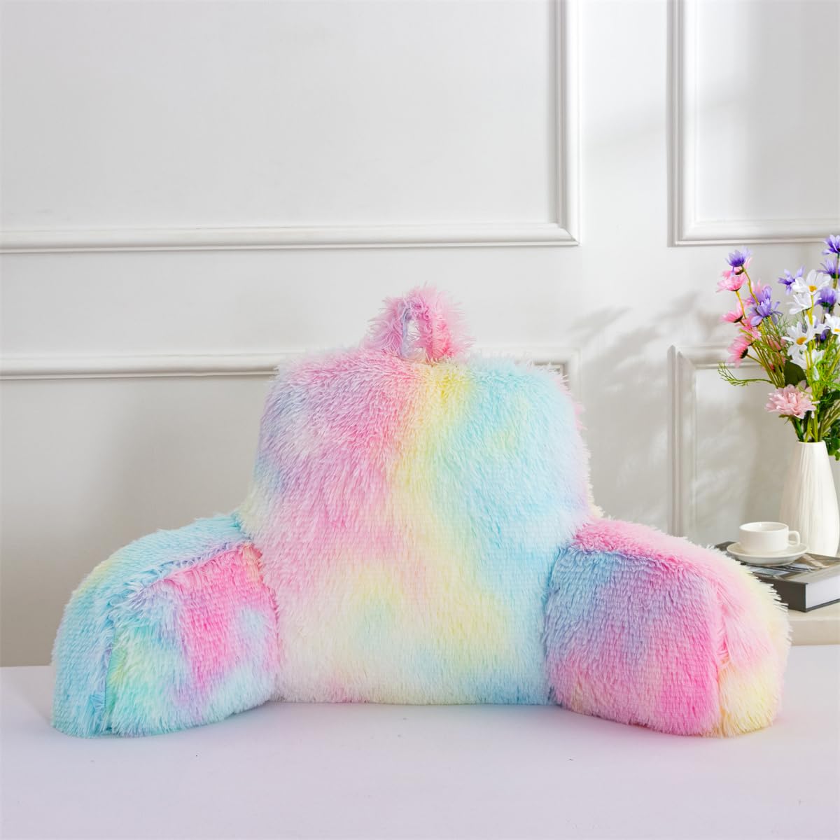 Holawakaka Large Faux Fur Bed Rest Pillow with Arms, Rabbit Fur Reading Pillows Perfect for Adults Men Women, Arm, Back, Pregnancy Lumbar & Head Neck Coccyx Lower Back Support Cushion (Ivory)