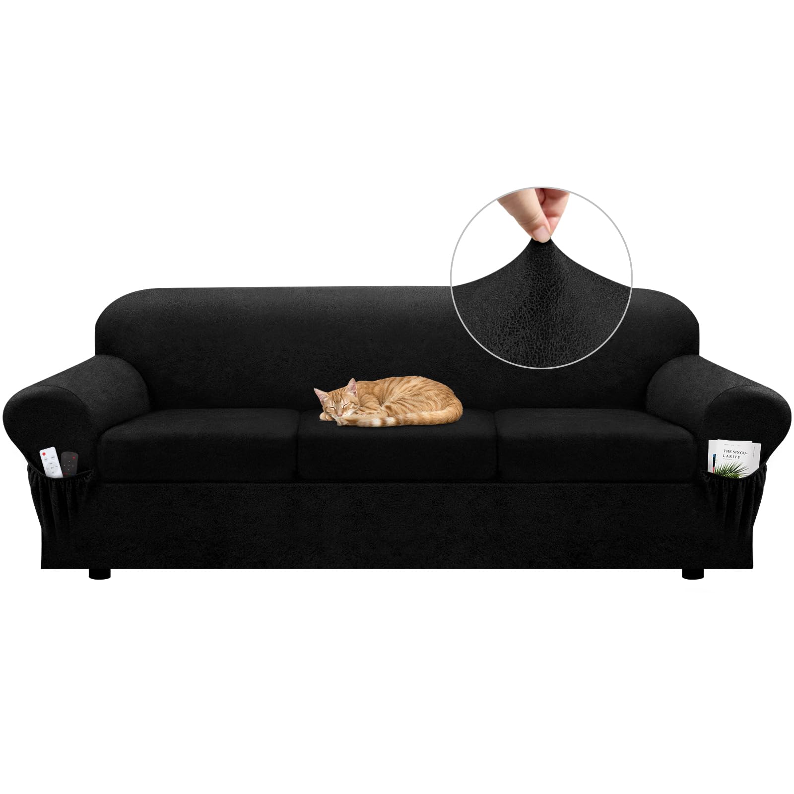 Sofa Slipcover with Armrest Pockets 4-Piece Set, Stretch Faux Leather Couch Cover for 3-Cushion Couches(Fits 72-92") - Non-Slip, Machine Washable, Pet & Kid Friendly - Beige