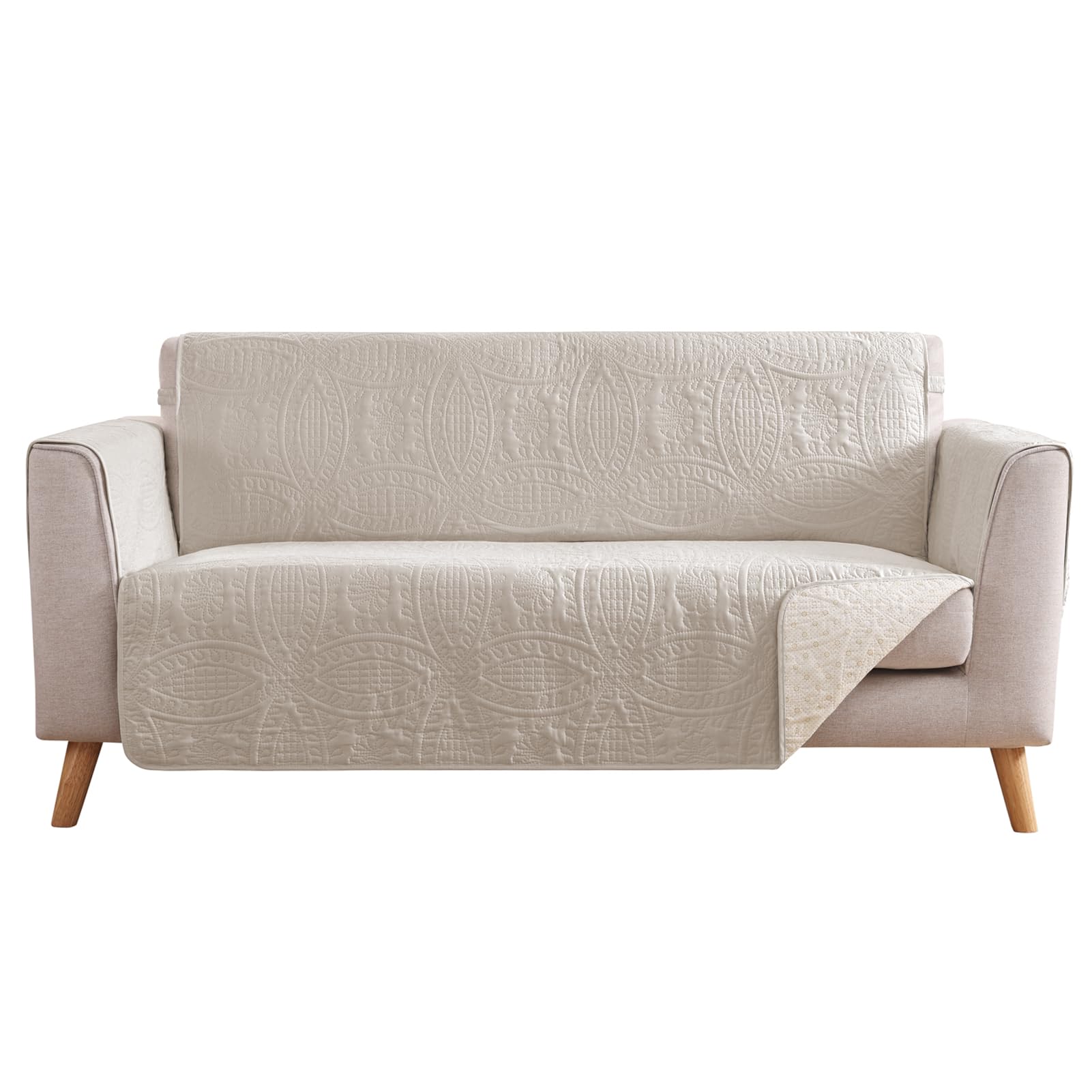 Quilted Sofa Slipcovers with Pockets, Anti-Slip Medallion Designed Couch Covers for 3 Cushion Sofa, Couch Cover for Dogs Cats Water-Repellent Machine Washable (Large Sofa 68", Ivory White)