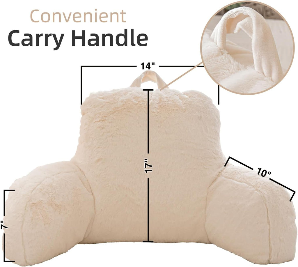Ivory Faux Fur Wedge Reading Pillow with Arms, Large Back Support for Bed & Couch