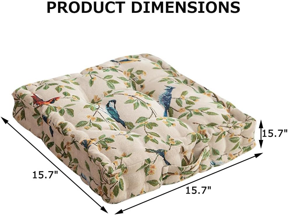 Chair Cushions Set of 2 Floral Bird Pattern Seat Cushions for Dining Chair Square Kitchen Chair Pads with Handle Indoor Floor Pillow (15.7 × 15.7 × 3.1 Inch, Beige)