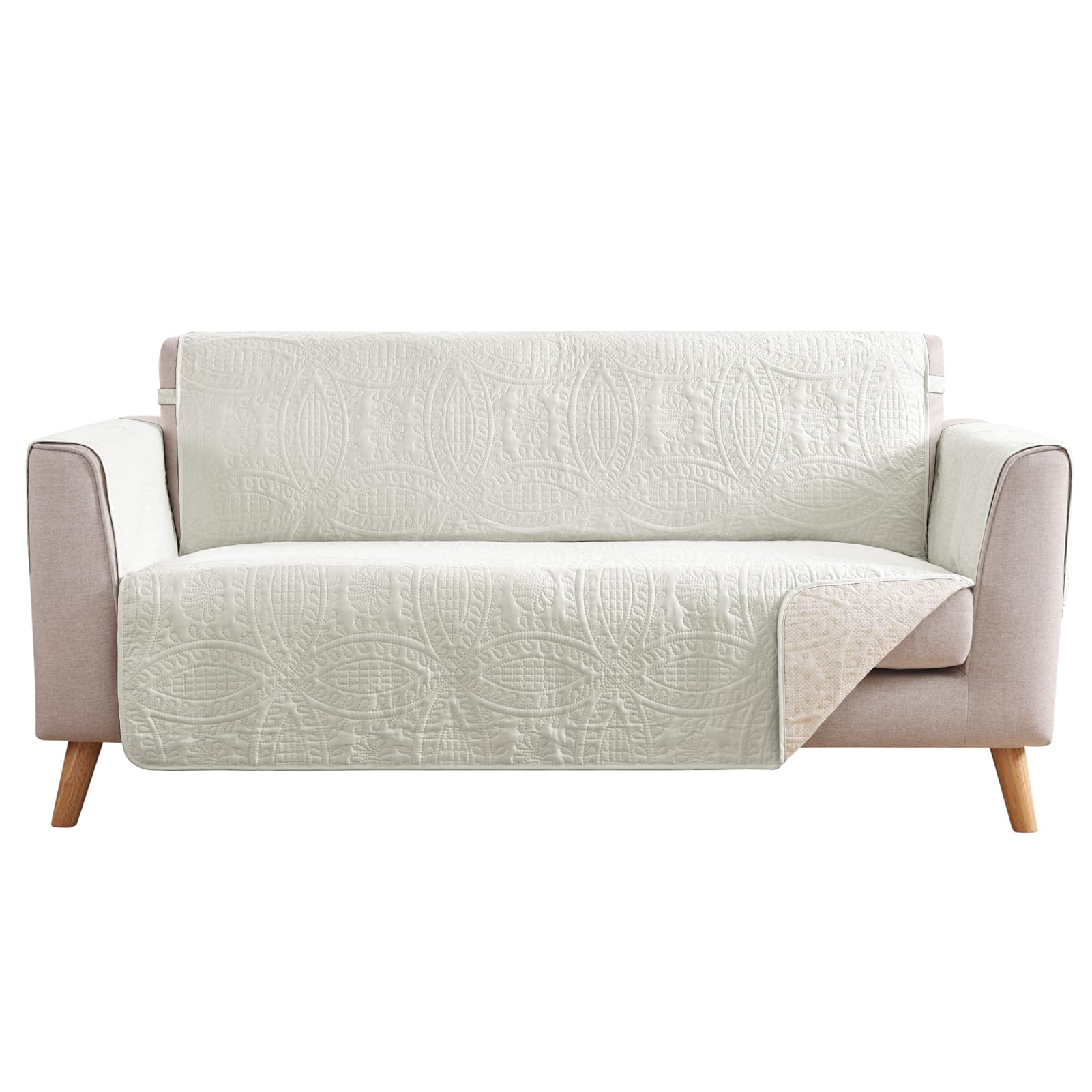 Quilted Sofa Slipcovers with Pockets, Anti-Slip Medallion Designed Couch Covers for 3 Cushion Sofa, Couch Cover for Dogs Cats Water-Repellent Machine Washable (Large Sofa 68", Ivory White)