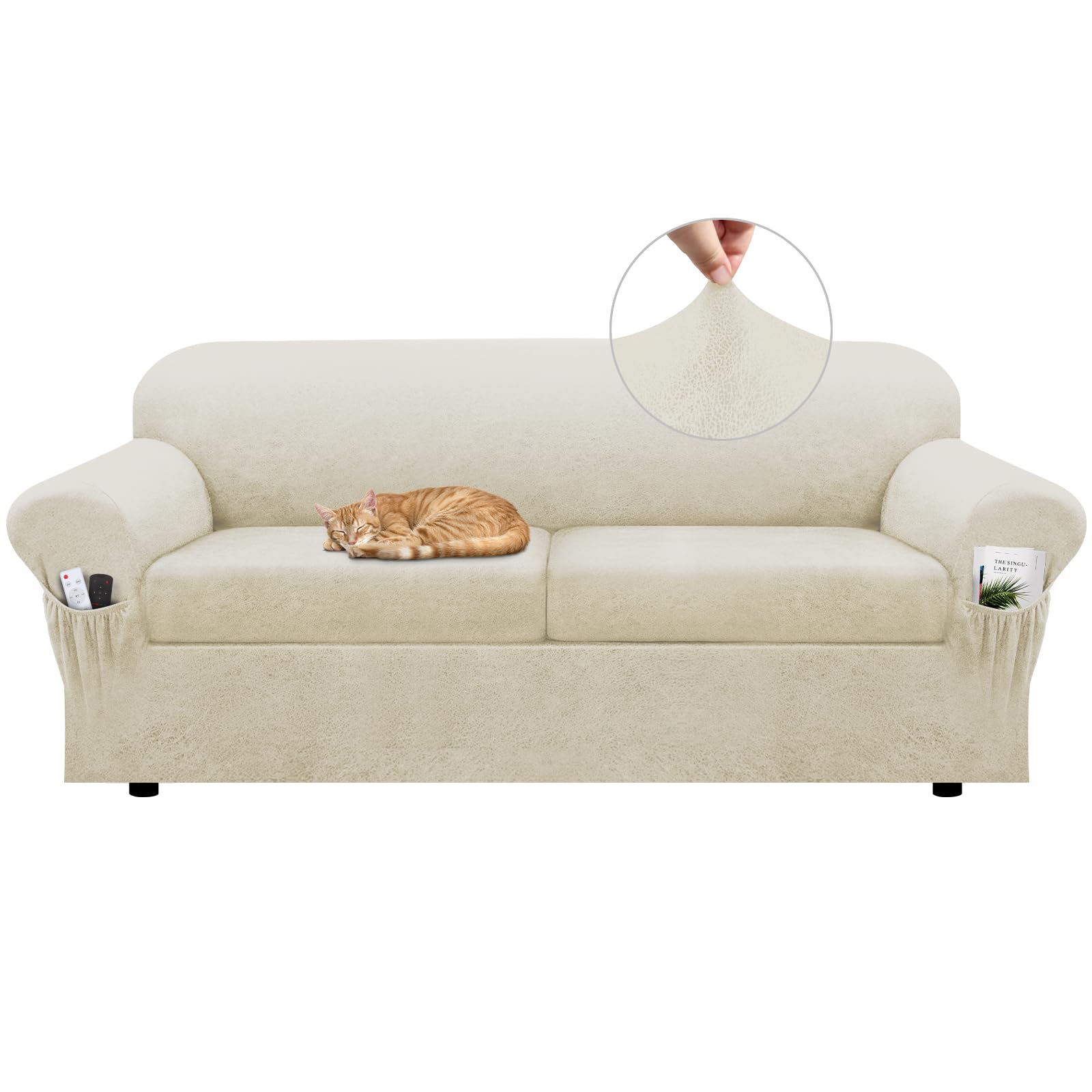 Sofa Slipcover with Armrest Pockets 4-Piece Set, Stretch Faux Leather Couch Cover for 3-Cushion Couches(Fits 72-92") - Non-Slip, Machine Washable, Pet & Kid Friendly - Beige