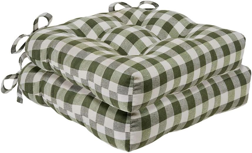 ACHIM Buffalo Check Tufted Chair Seat Cushions, 2-Pack, Sage - 16" x 15" x 3" - Comfortable Seat Cover Pad with Stain Repellent Fabric & Ties to Indoor & Ourdoor Chair Styles Home Decor