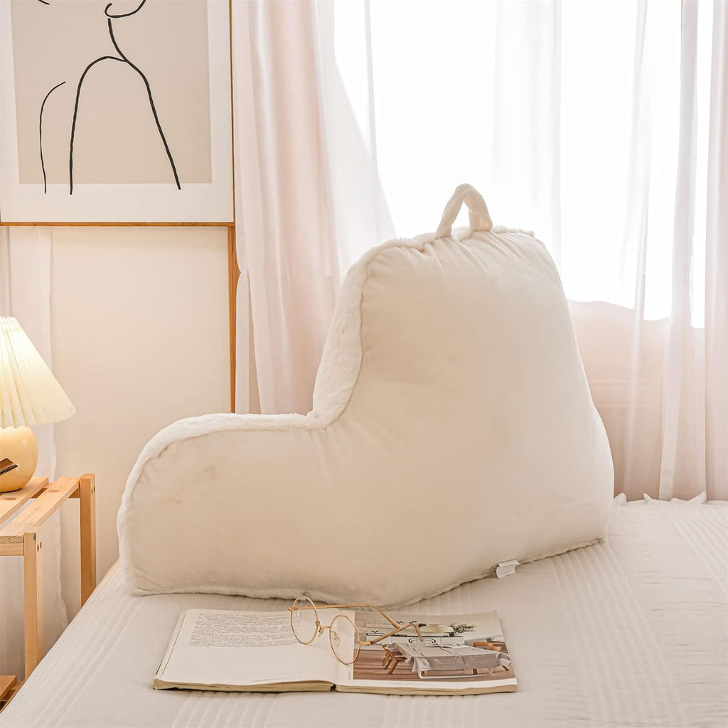 Ivory Faux Fur Wedge Reading Pillow with Arms, Large Back Support for Bed & Couch