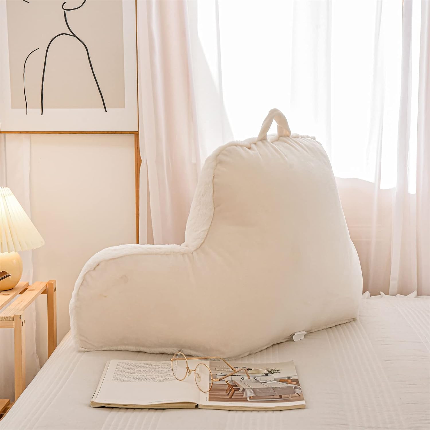 Ivory Faux Fur Wedge Reading Pillow with Arms, Large Back Support for Bed & Couch