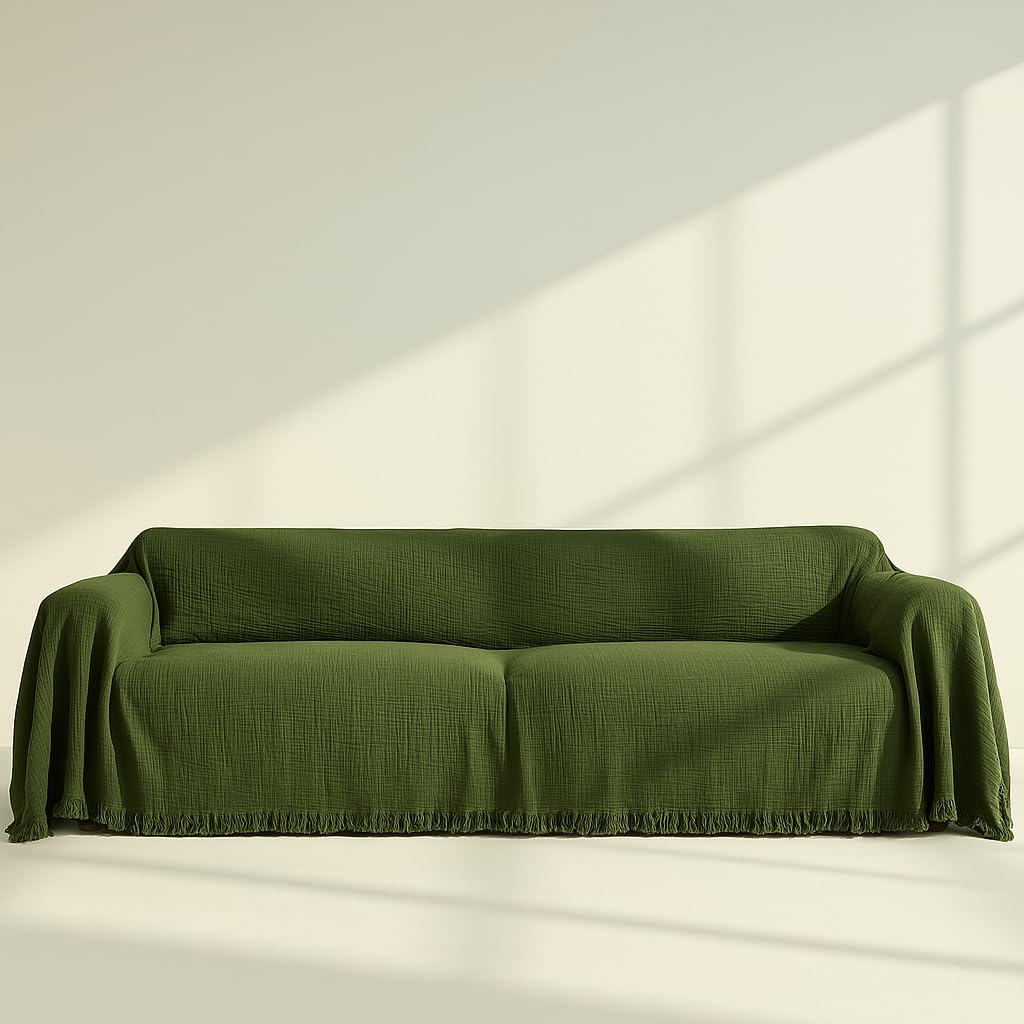 Washable Sofa Cover%100 Pure Cotton, Cream Couch Covers for Loveseat, Futon, Sofa, Sectional L Shape, U Shape, 4 Layered Natural Muslin Cloud Like Boho Couch Cover (Cream, 70x98/177x250cm)