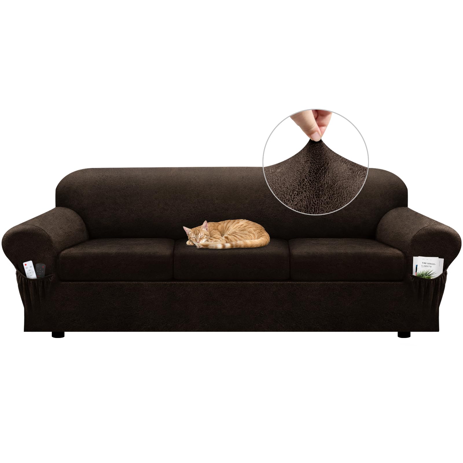 Sofa Slipcover with Armrest Pockets 4-Piece Set, Stretch Faux Leather Couch Cover for 3-Cushion Couches(Fits 72-92") - Non-Slip, Machine Washable, Pet & Kid Friendly - Beige