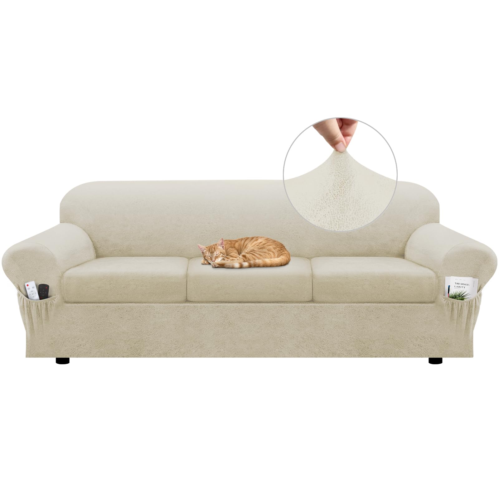Sofa Slipcover with Armrest Pockets 4-Piece Set, Stretch Faux Leather Couch Cover for 3-Cushion Couches(Fits 72-92") - Non-Slip, Machine Washable, Pet & Kid Friendly - Beige