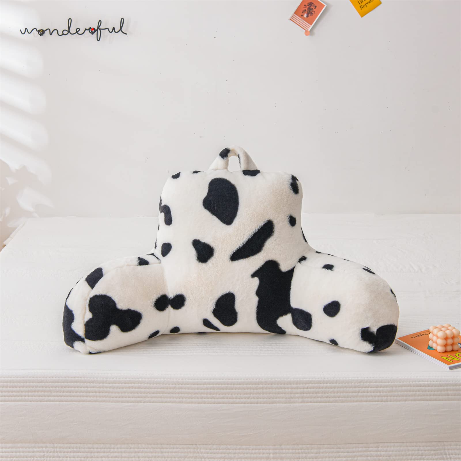 Ivory Faux Fur Wedge Reading Pillow with Arms, Large Back Support for Bed & Couch