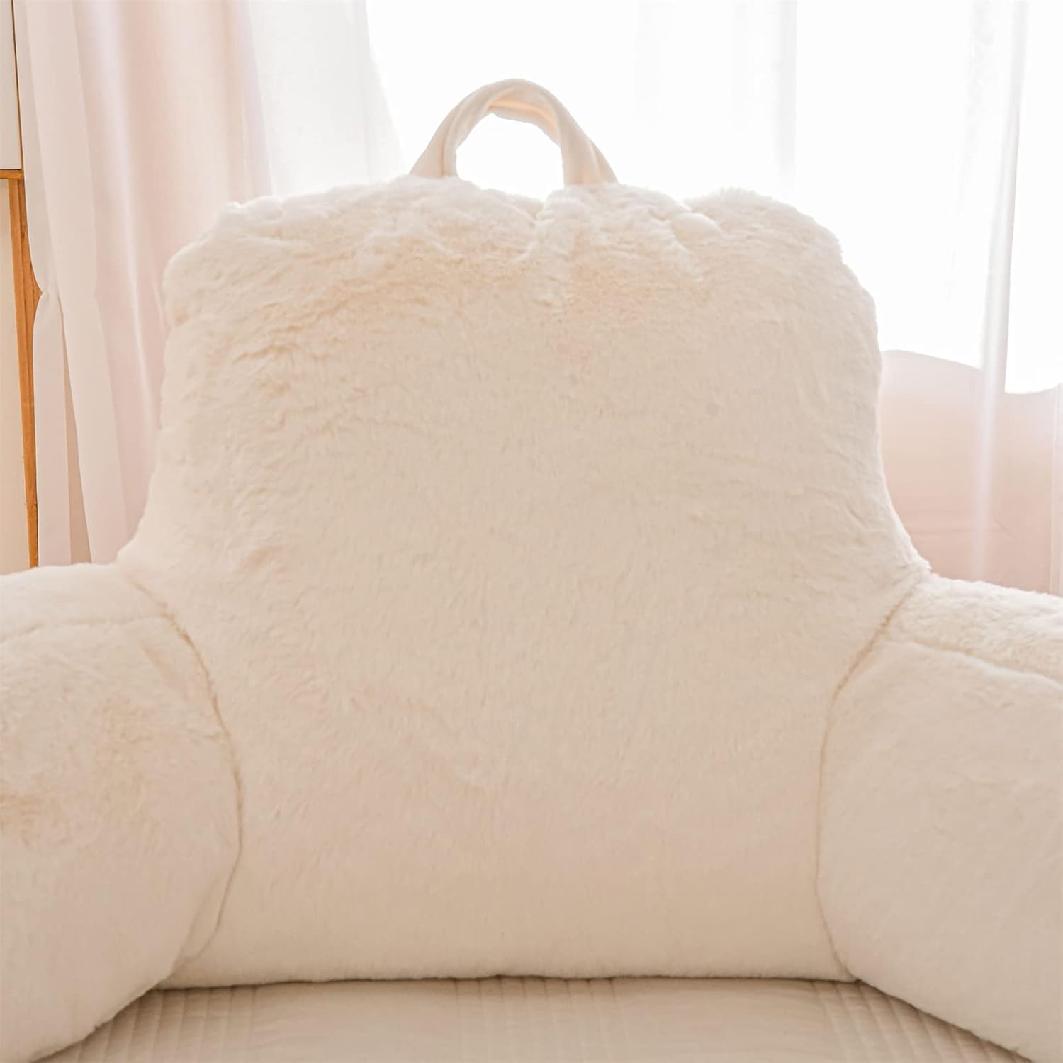 Ivory Faux Fur Wedge Reading Pillow with Arms, Large Back Support for Bed & Couch
