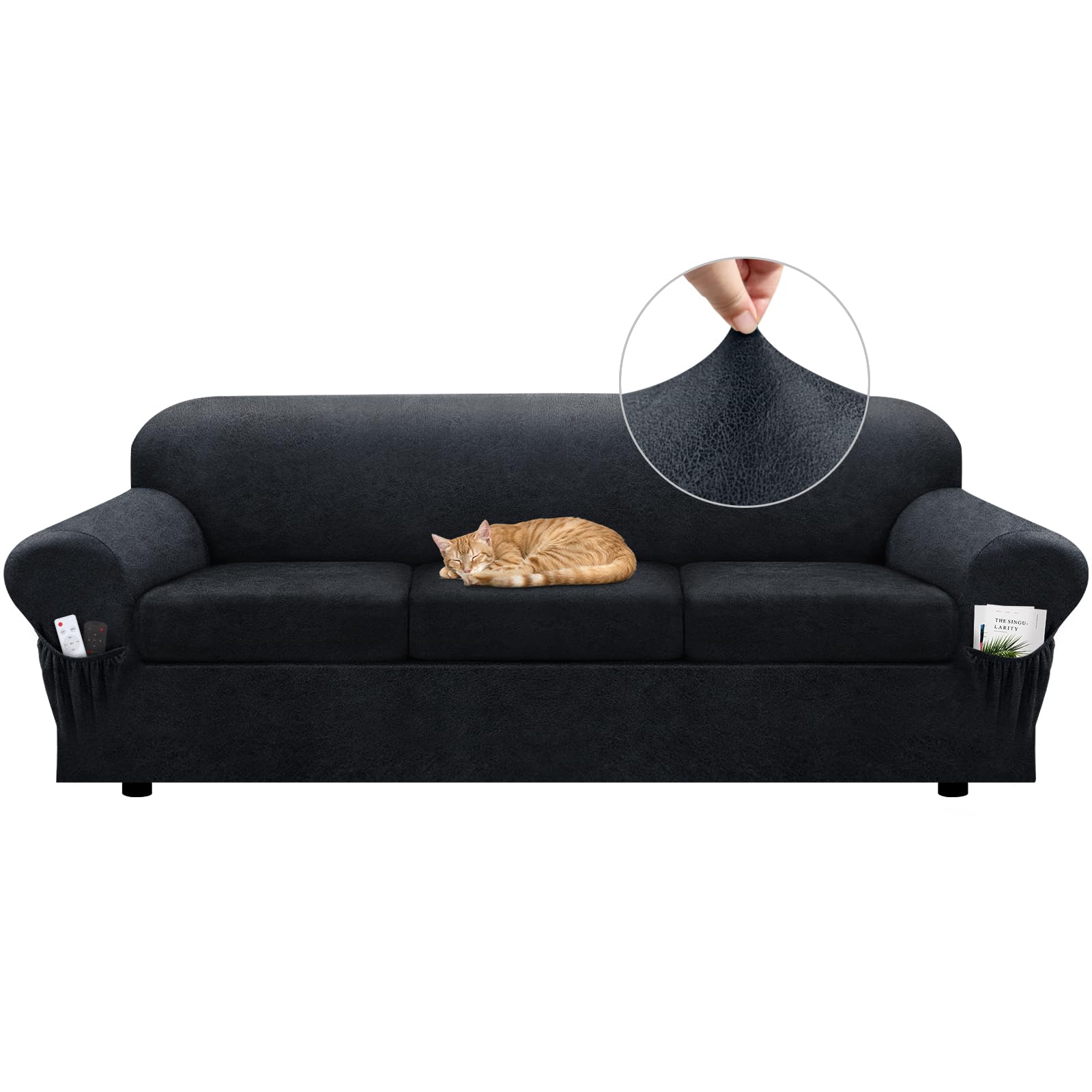 Sofa Slipcover with Armrest Pockets 4-Piece Set, Stretch Faux Leather Couch Cover for 3-Cushion Couches(Fits 72-92") - Non-Slip, Machine Washable, Pet & Kid Friendly - Beige