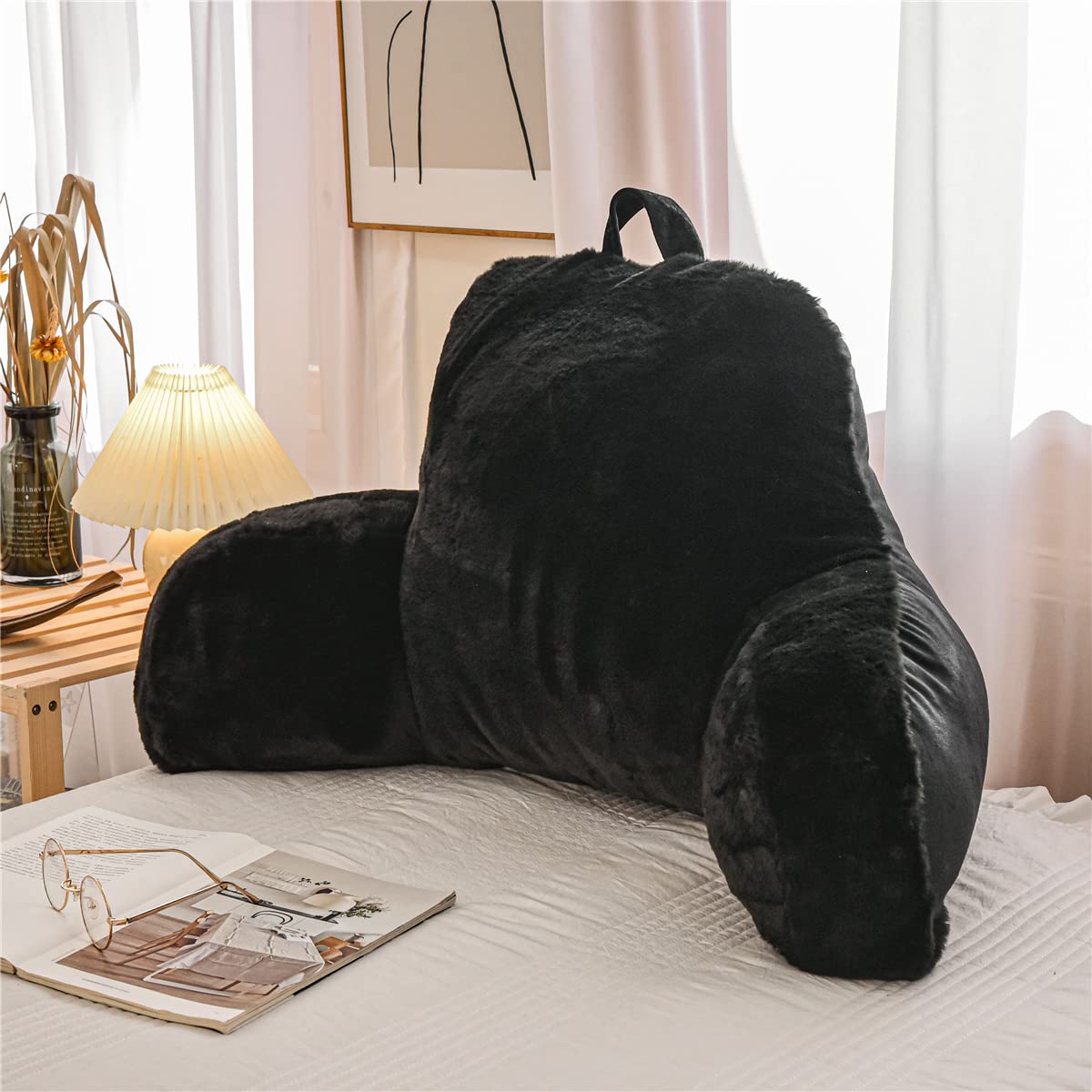 Holawakaka Large Faux Fur Bed Rest Pillow with Arms, Rabbit Fur Reading Pillows Perfect for Adults Men Women, Arm, Back, Pregnancy Lumbar & Head Neck Coccyx Lower Back Support Cushion (Ivory)