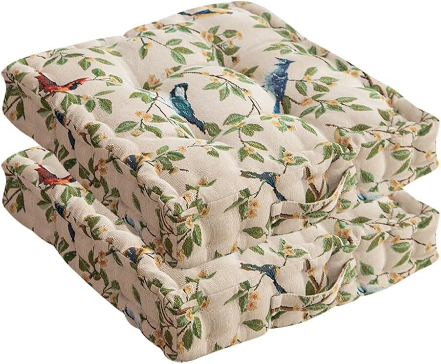 Chair Cushions Set of 2 Floral Bird Pattern Seat Cushions for Dining Chair Square Kitchen Chair Pads with Handle Indoor Floor Pillow (15.7 × 15.7 × 3.1 Inch, Beige)