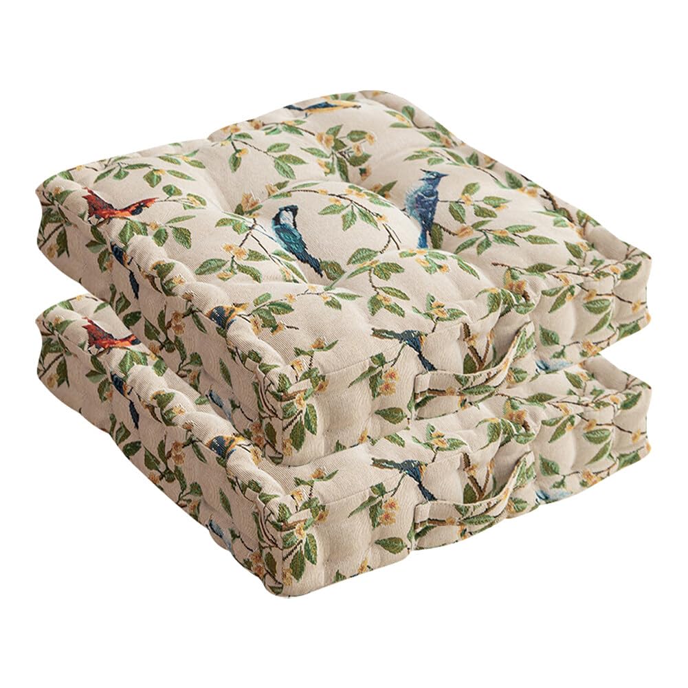 Chair Cushions Set of 2 Floral Bird Pattern Seat Cushions for Dining Chair Square Kitchen Chair Pads with Handle Indoor Floor Pillow (15.7 × 15.7 × 3.1 Inch, Beige)