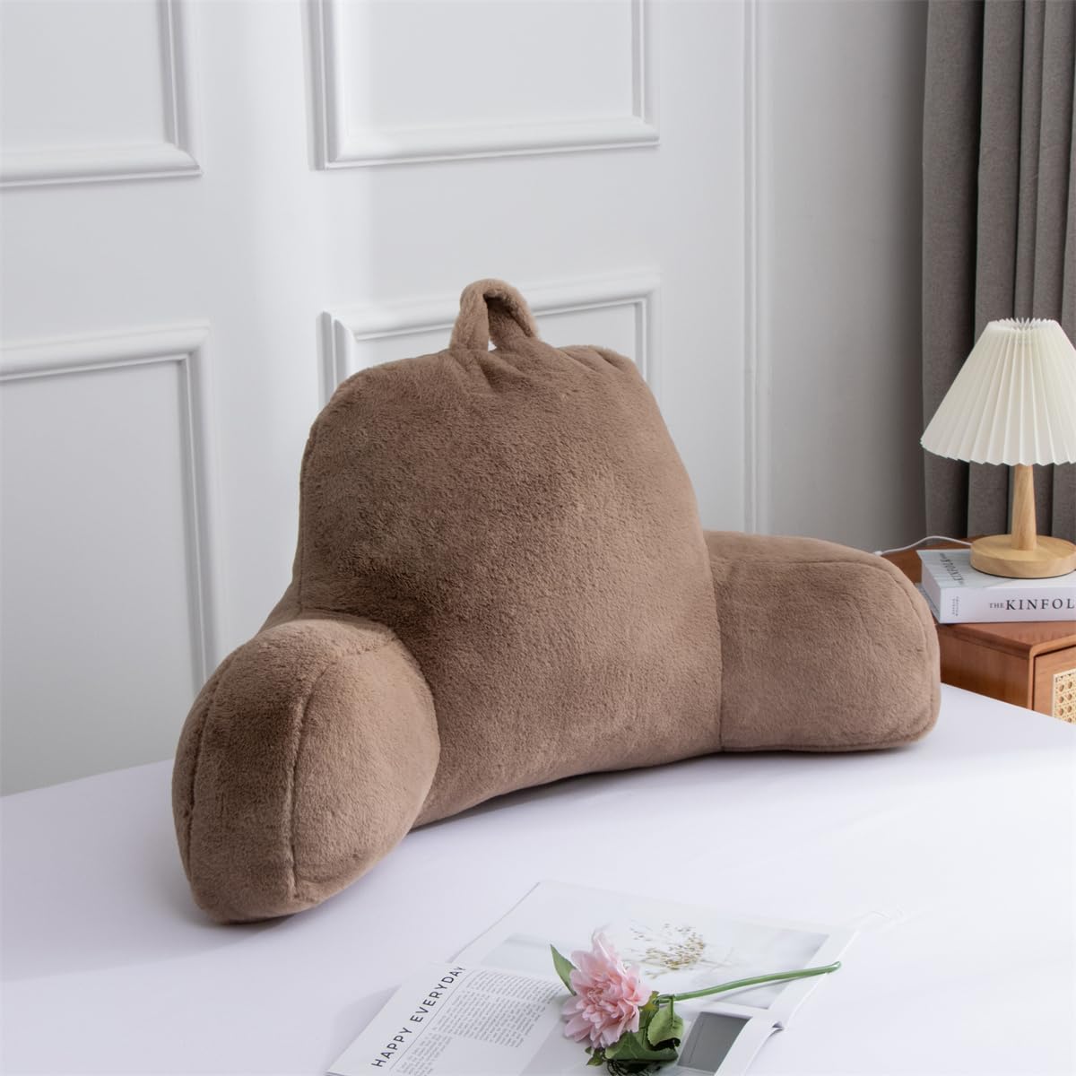 Holawakaka Large Faux Fur Bed Rest Pillow with Arms, Rabbit Fur Reading Pillows Perfect for Adults Men Women, Arm, Back, Pregnancy Lumbar & Head Neck Coccyx Lower Back Support Cushion (Ivory)