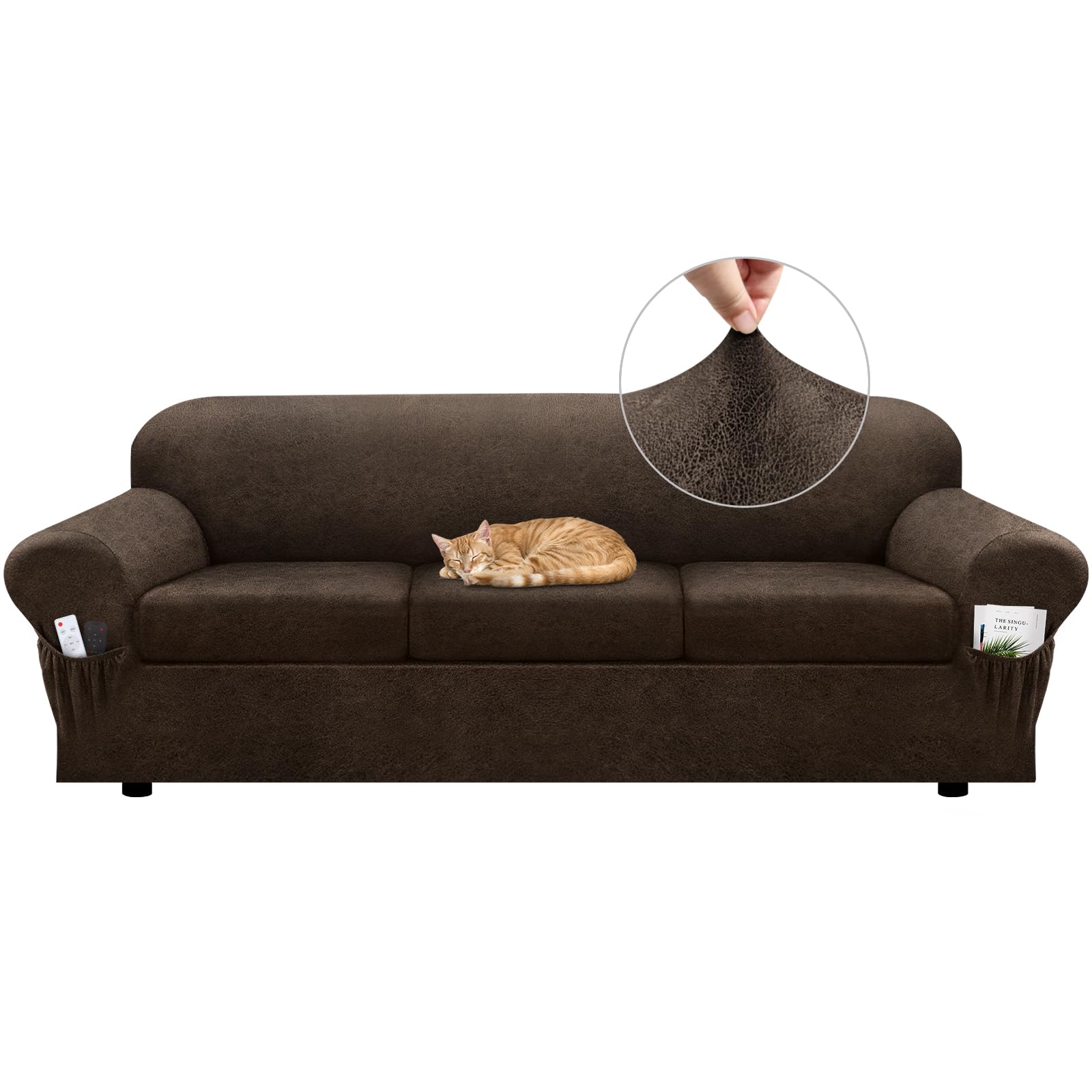 Sofa Slipcover with Armrest Pockets 4-Piece Set, Stretch Faux Leather Couch Cover for 3-Cushion Couches(Fits 72-92") - Non-Slip, Machine Washable, Pet & Kid Friendly - Beige
