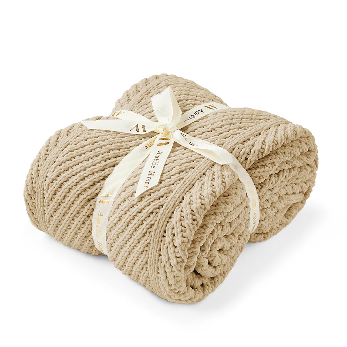 Amélie Home Knit Throw Blanket, Soft Chenille Cozy Breathable Dual Tone Checkered Chunky Decorative Blanket for Couch, Bed & Sofa, French-Inspired Lightweight Warm Gift for Women, Beige, 50"x60"