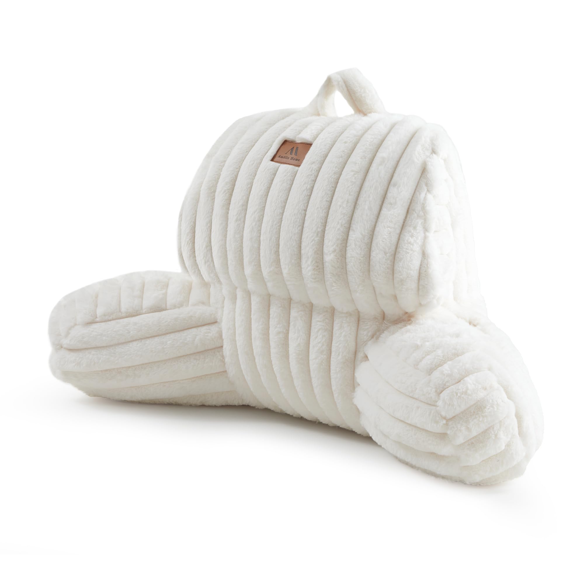 Amélie Home Faux Fur Reading Pillow with Pocket for Sitting in Bed, Adult Backrest Bed Pillow with Washable Cover for Lounging, Watching TV/Gaming/Resting/Post/Surgery/Nursing, Ivory, 29 inches