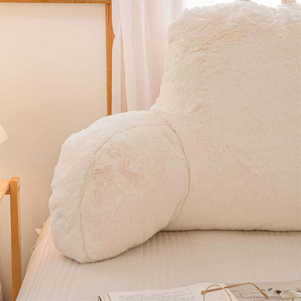Ivory Faux Fur Wedge Reading Pillow with Arms, Large Back Support for Bed & Couch
