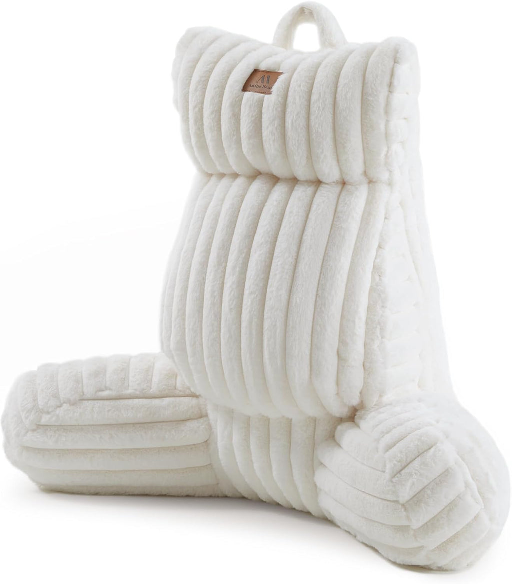 Amélie Home Faux Fur Reading Pillow with Pocket for Sitting in Bed, Adult Backrest Bed Pillow with Washable Cover for Lounging, Watching TV/Gaming/Resting/Post/Surgery/Nursing, Ivory, 29 inches