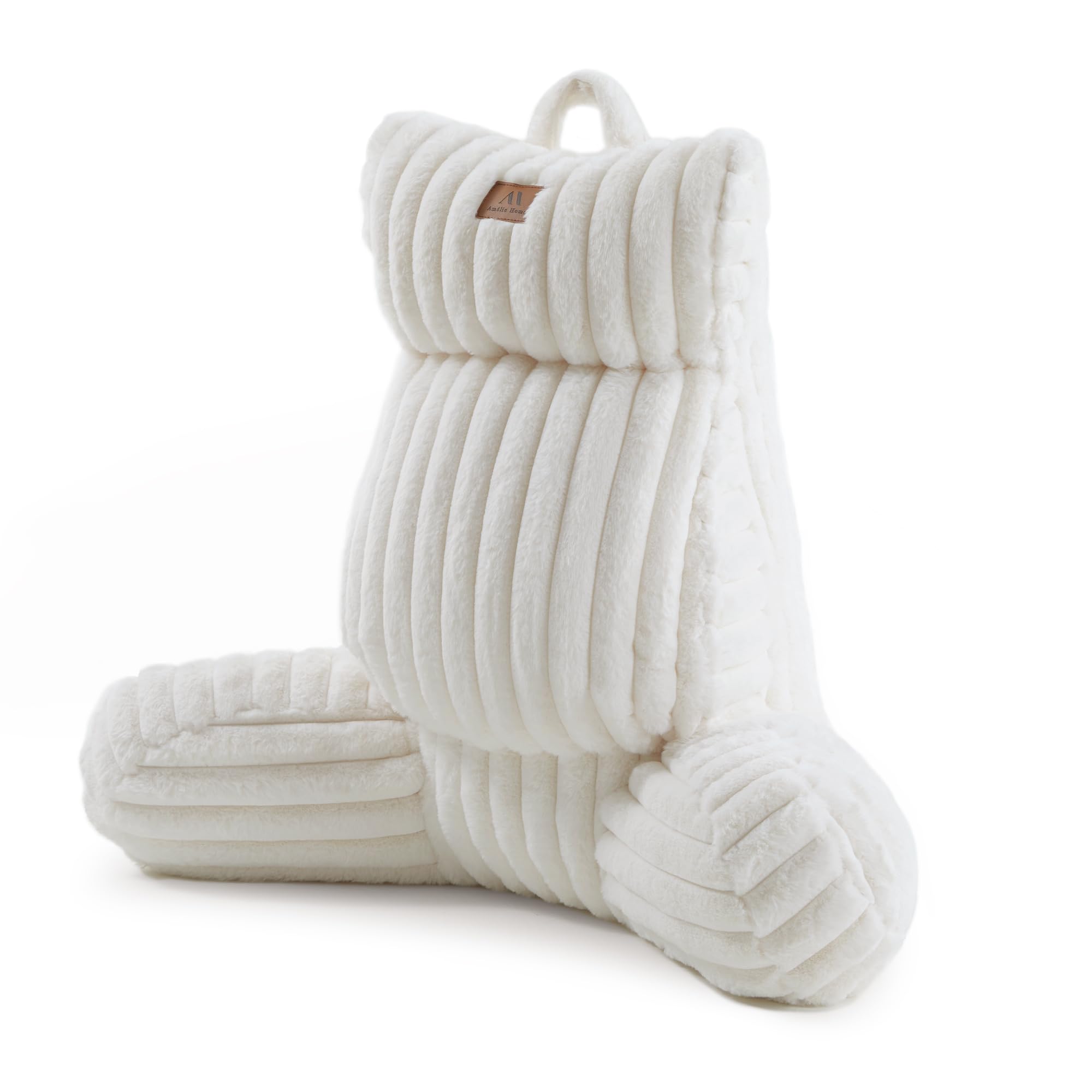 Amélie Home Faux Fur Reading Pillow with Pocket for Sitting in Bed, Adult Backrest Bed Pillow with Washable Cover for Lounging, Watching TV/Gaming/Resting/Post/Surgery/Nursing, Ivory, 29 inches