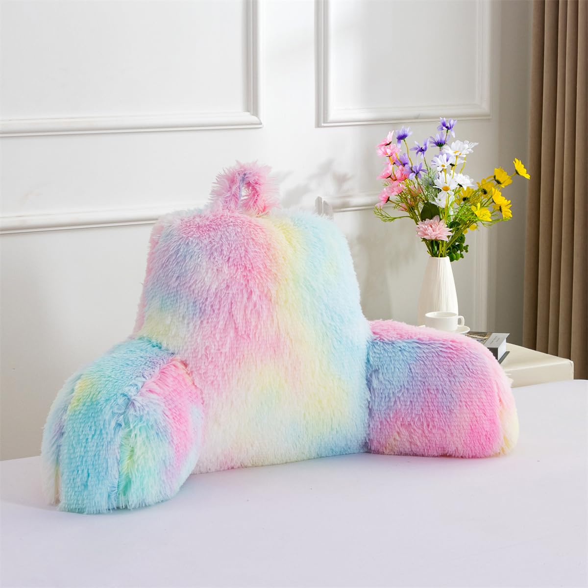 Holawakaka Large Faux Fur Bed Rest Pillow with Arms, Rabbit Fur Reading Pillows Perfect for Adults Men Women, Arm, Back, Pregnancy Lumbar & Head Neck Coccyx Lower Back Support Cushion (Ivory)