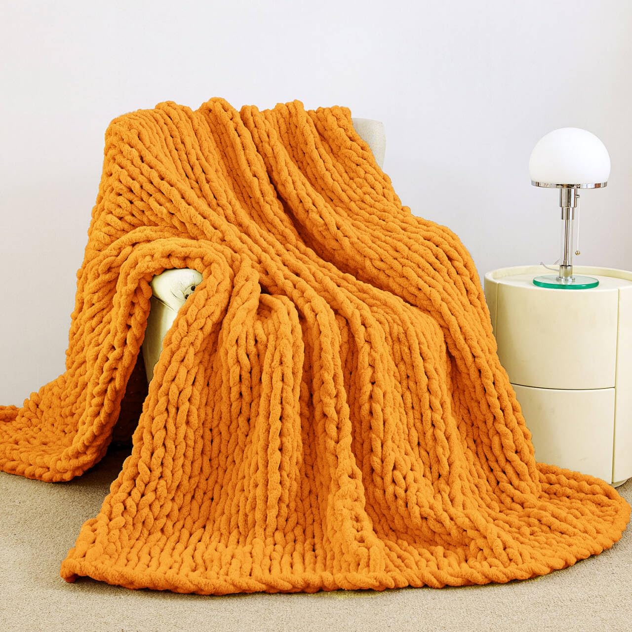 51"×63" Ivory Hand Knit Chenille Chunky Knit Throw Blanket for Sofa Decor
