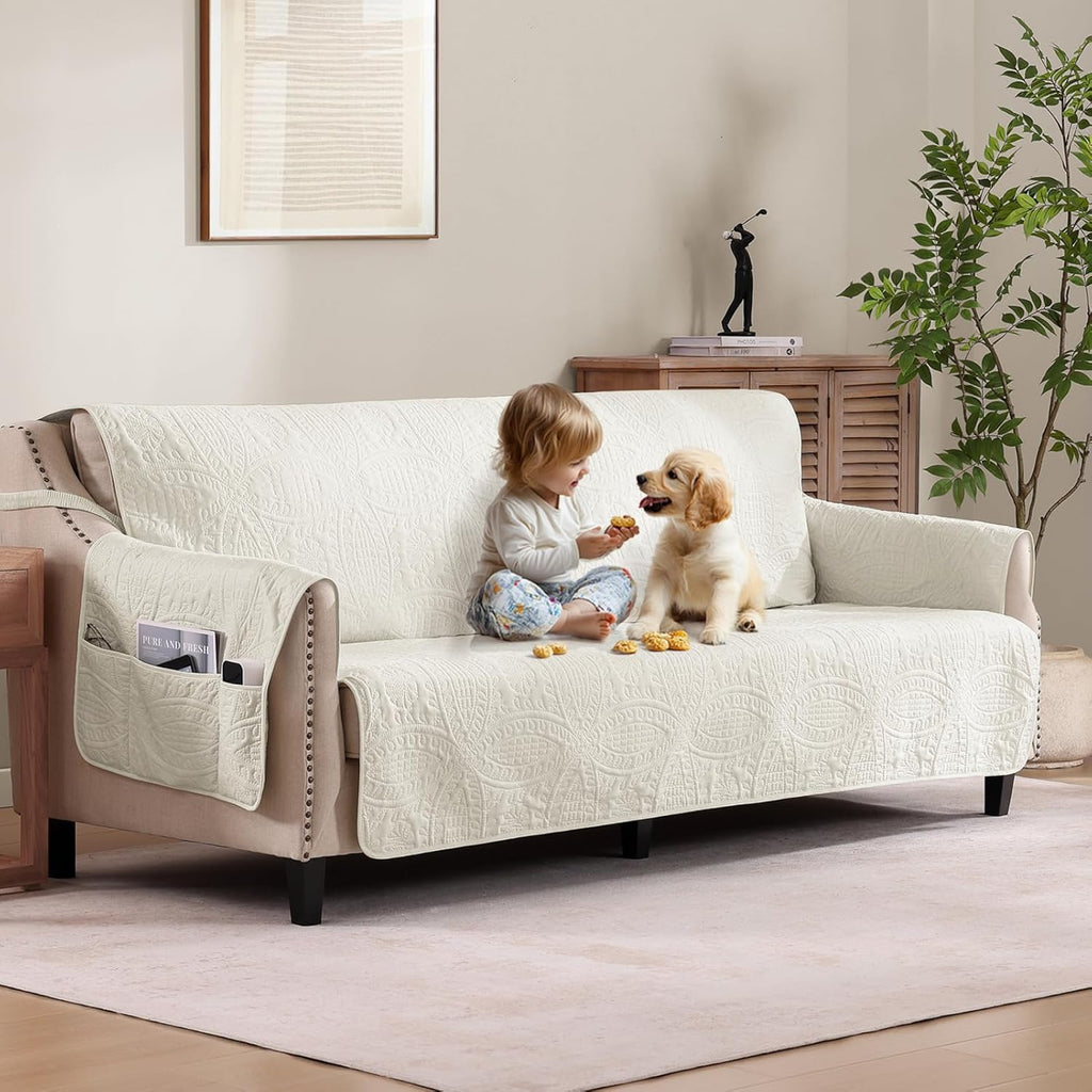 Quilted Sofa Slipcovers with Pockets, Anti-Slip Medallion Designed Couch Covers for 3 Cushion Sofa, Couch Cover for Dogs Cats Water-Repellent Machine Washable (Large Sofa 68", Ivory White)