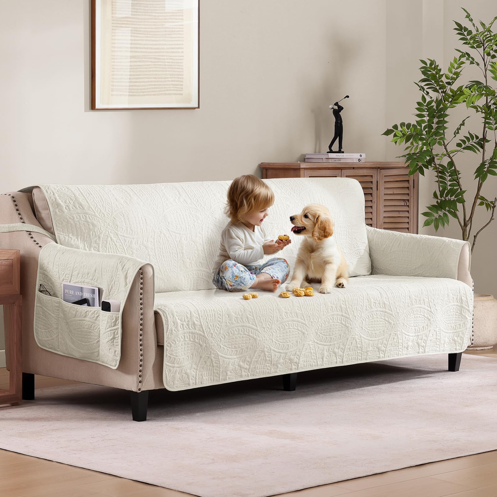 Quilted Sofa Slipcovers with Pockets, Anti-Slip Medallion Designed Couch Covers for 3 Cushion Sofa, Couch Cover for Dogs Cats Water-Repellent Machine Washable (Large Sofa 68", Ivory White)